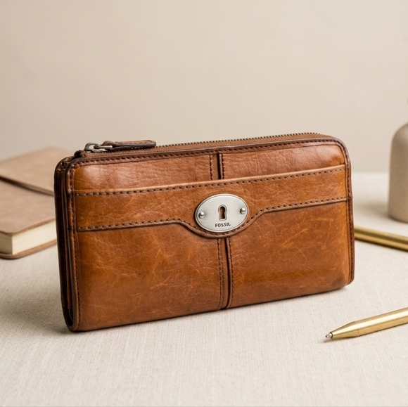 Fossil Handbags - Fossil Brown Leather Zip Wallet with Keyhole Plaque